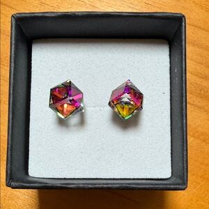 925 Silver Multicolor Faceted Crystal Stud Earrings - Women Jewelry